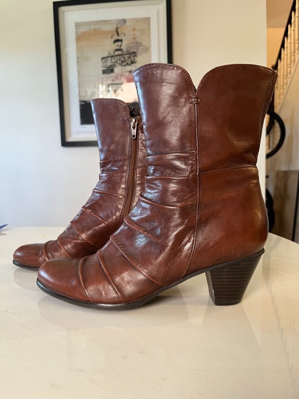 Arnold Churgin Brown Leather Mid Calf Boot Women's EU 40 US 9 Block Heel Zip - Picture 3 of 6